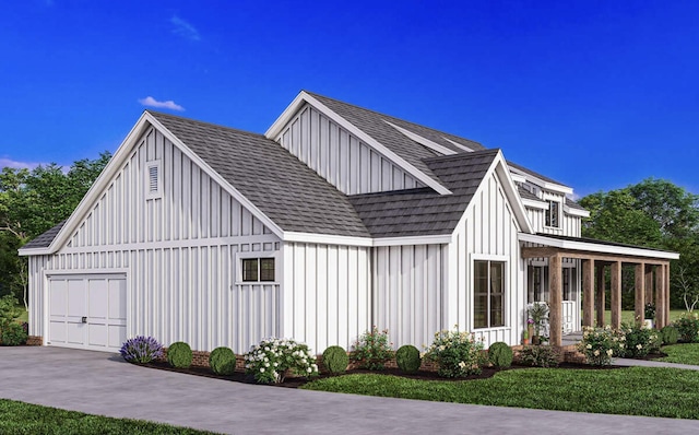exterior space featuring board and batten siding, a porch, and a shingled roof