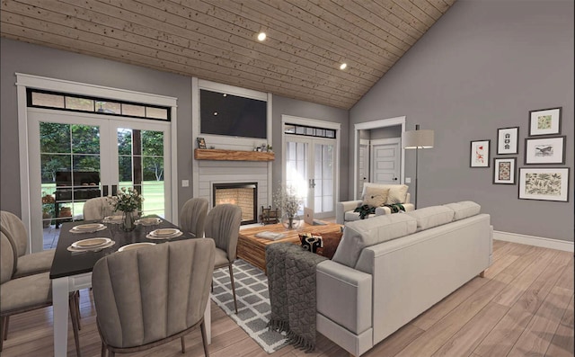 living area with baseboards, a large fireplace, light wood-style floors, high vaulted ceiling, and wooden ceiling