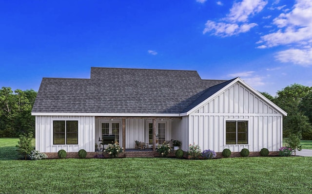 view of front of property with roof with shingles, french doors, board and batten siding, and a front lawn