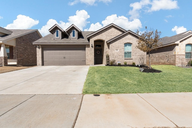 french country style house with an attached garage, a front yard, concrete driveway, and brick siding