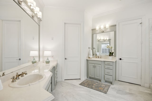 full bathroom with two vanities, a sink, and crown molding