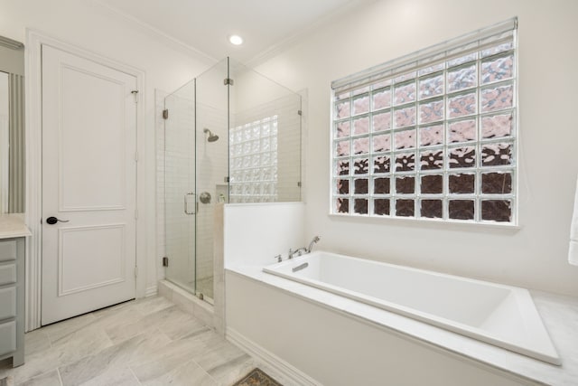 full bath featuring a stall shower, crown molding, and a bath