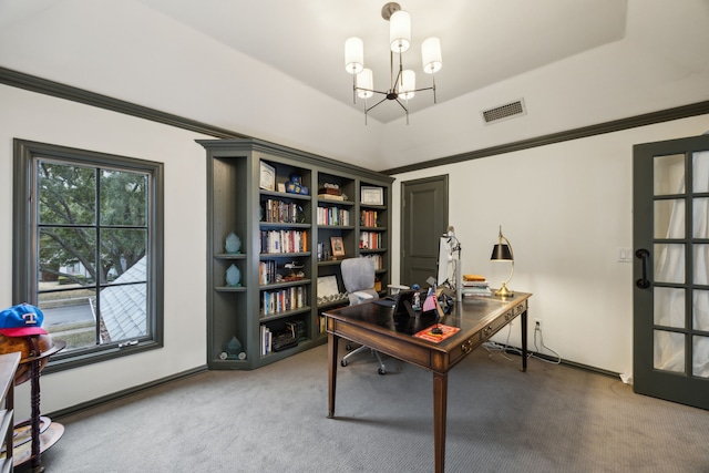 office area with visible vents, carpet, a tray ceiling, crown molding, and a chandelier