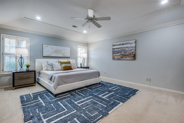 bedroom featuring dark colored carpet, ornamental molding, visible vents, and recessed lighting