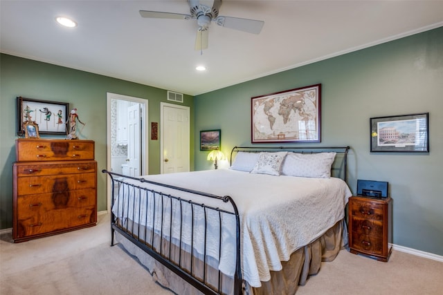 bedroom featuring light carpet, recessed lighting, visible vents, and baseboards