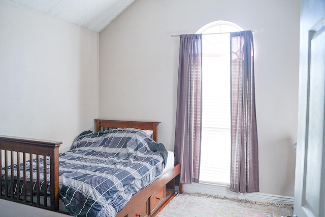 bedroom featuring vaulted ceiling