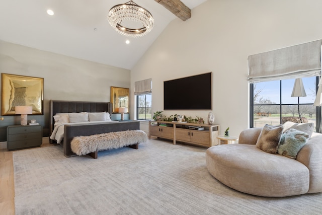 bedroom featuring high vaulted ceiling, beamed ceiling, recessed lighting, and a notable chandelier