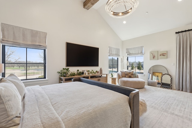 bedroom with a fireplace, recessed lighting, an inviting chandelier, high vaulted ceiling, and beamed ceiling