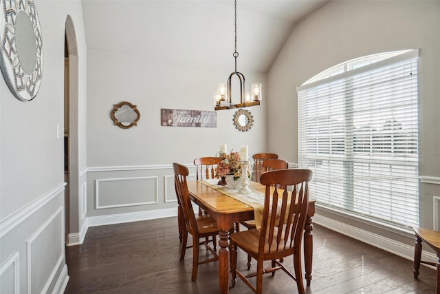 dining room featuring a wealth of natural light, lofted ceiling, and dark wood-style floors