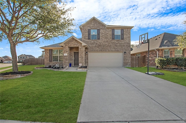 view of front of home featuring brick siding, concrete driveway, a front yard, fence, and a garage