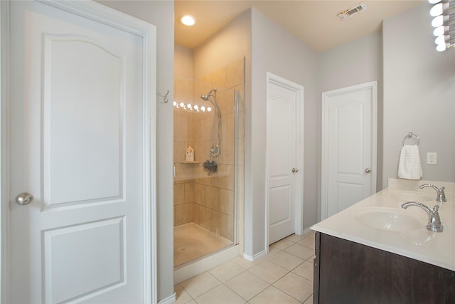 full bath featuring tile patterned flooring, a sink, visible vents, double vanity, and a stall shower
