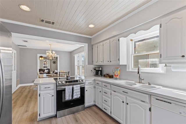 kitchen featuring dishwasher, a peninsula, stainless steel electric range, and white cabinets