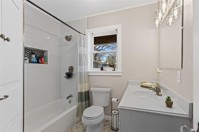 full bath with shower / tub combo, baseboards, toilet, crown molding, and vanity