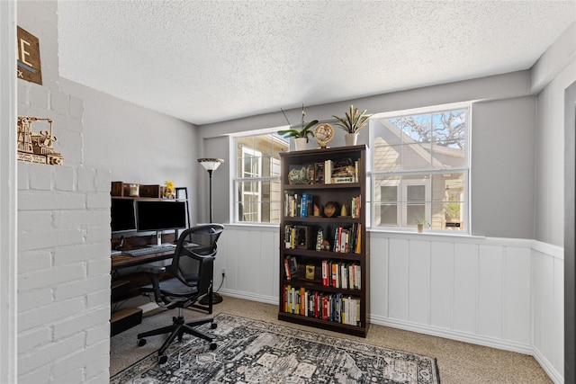 office featuring carpet floors, a wainscoted wall, and a textured ceiling