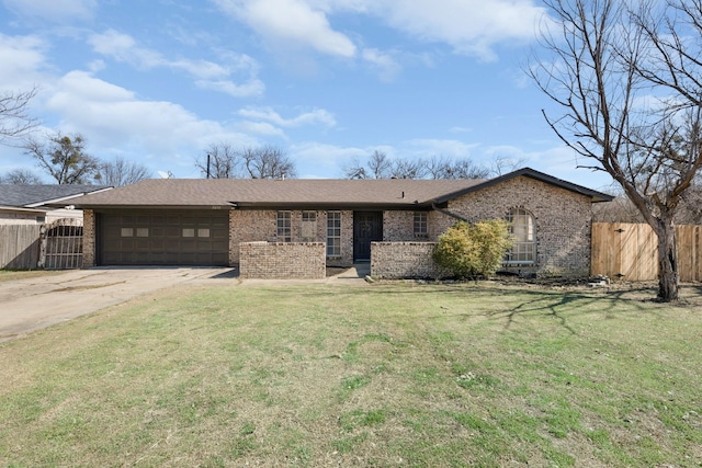 ranch-style home with a garage, concrete driveway, fence, and a front lawn