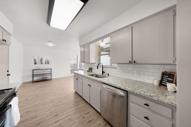 kitchen featuring light wood finished floors, tasteful backsplash, a sink, light stone countertops, and dishwasher