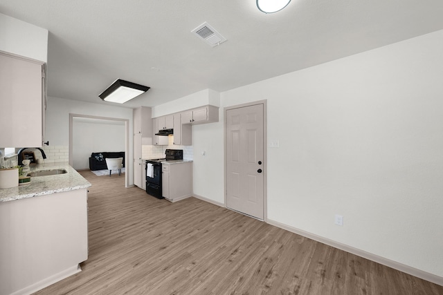 kitchen featuring light wood finished floors, black / electric stove, decorative backsplash, and a sink