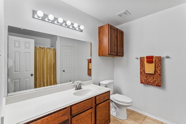 full bathroom featuring visible vents, toilet, a shower with curtain, tile patterned floors, and vanity