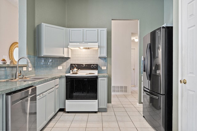 kitchen with stainless steel appliances, tasteful backsplash, visible vents, a sink, and under cabinet range hood