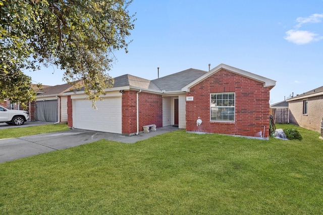 ranch-style house featuring a garage, brick siding, concrete driveway, roof with shingles, and a front yard