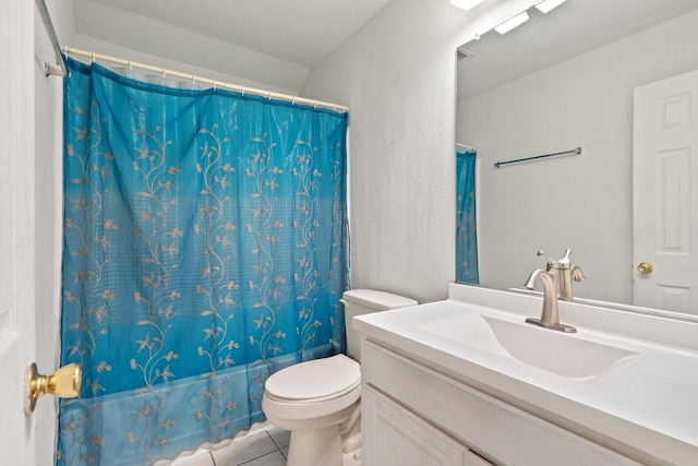 bathroom with shower / bathtub combination with curtain, toilet, a textured ceiling, vanity, and tile patterned floors