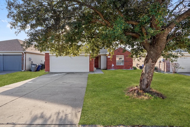 view of front of property with a garage, driveway, brick siding, and a front lawn