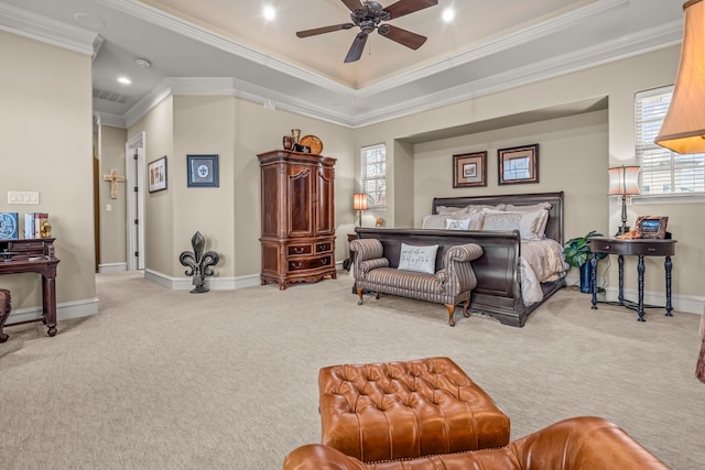 bedroom with crown molding, recessed lighting, a ceiling fan, light carpet, and baseboards