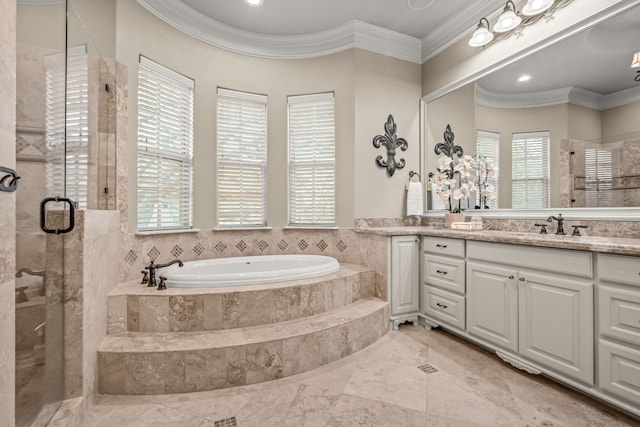 bathroom featuring a garden tub, recessed lighting, vanity, a shower stall, and crown molding