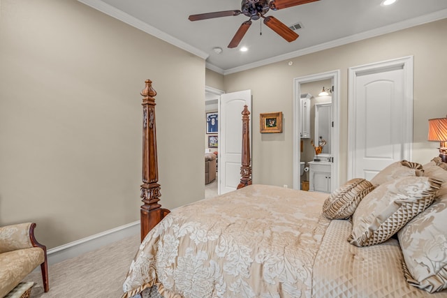 bedroom with baseboards, ornamental molding, visible vents, and light colored carpet