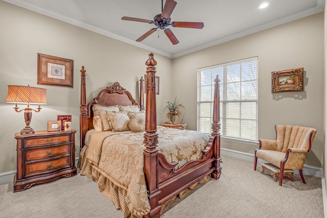 bedroom with baseboards, a ceiling fan, ornamental molding, carpet, and recessed lighting