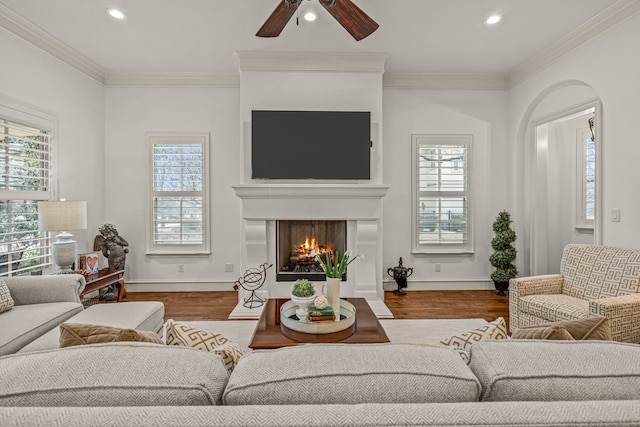 living room with a warm lit fireplace, a healthy amount of sunlight, and crown molding