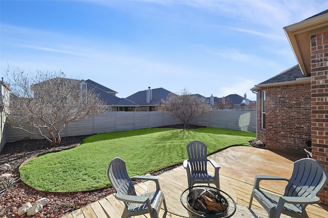 exterior space featuring an outdoor fire pit and a fenced backyard