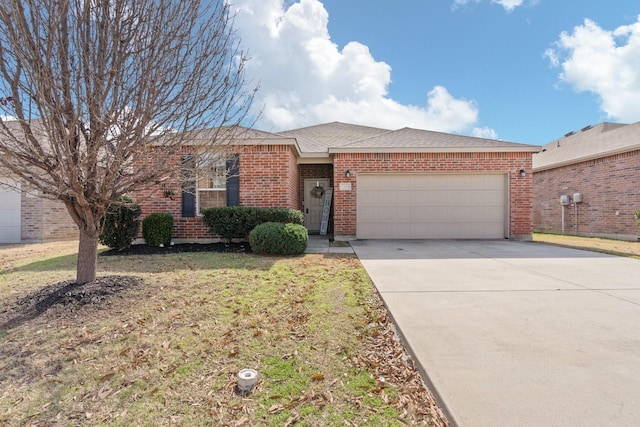 ranch-style house with brick siding, a shingled roof, an attached garage, driveway, and a front lawn