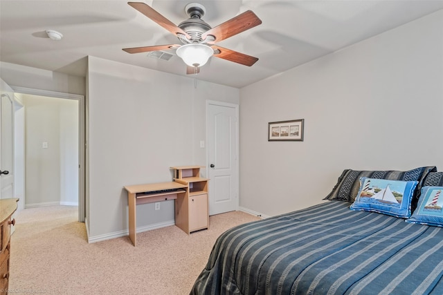 bedroom with baseboards, visible vents, a ceiling fan, and light colored carpet