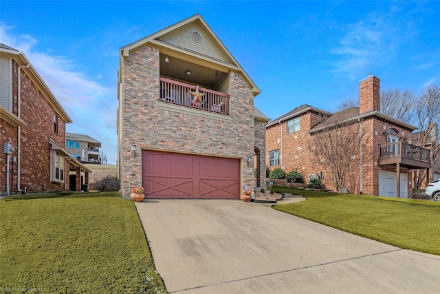 view of front facade with brick siding, a front yard, a balcony, a garage, and driveway