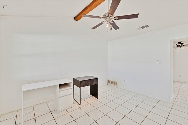 empty room featuring a ceiling fan, visible vents, lofted ceiling with beams, and light tile patterned flooring