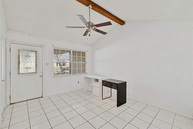 interior space with a ceiling fan, vaulted ceiling with beams, and light tile patterned floors