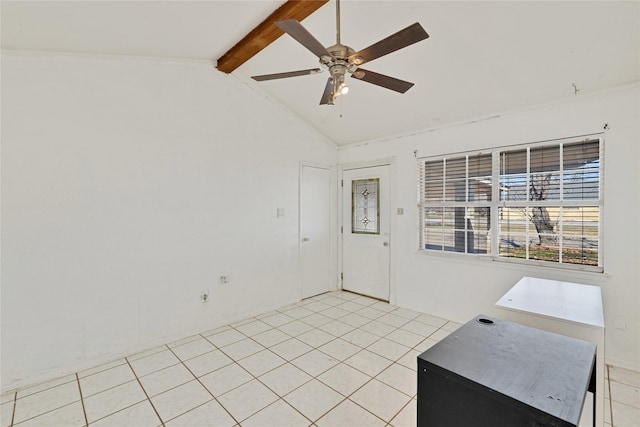 unfurnished room with light tile patterned flooring, vaulted ceiling with beams, and ceiling fan