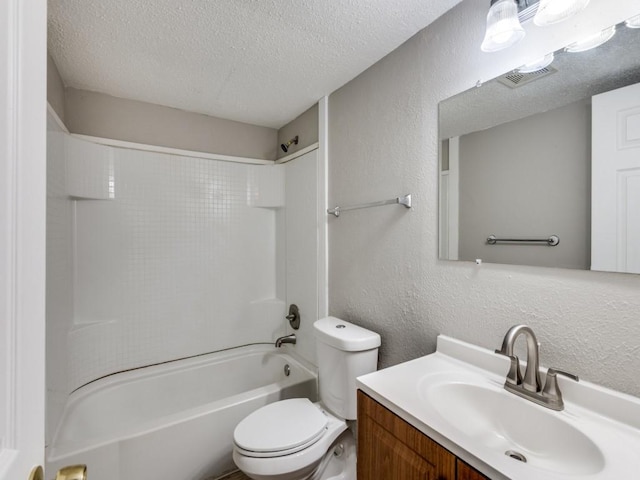 bathroom featuring shower / bathtub combination, a textured wall, toilet, a textured ceiling, and vanity