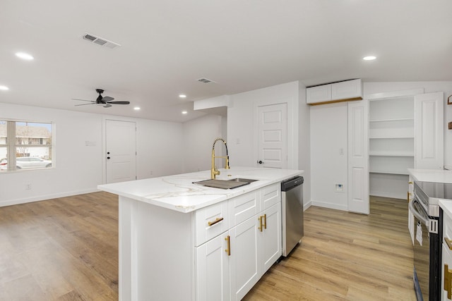 kitchen featuring visible vents, white cabinets, appliances with stainless steel finishes, a kitchen island with sink, and a sink