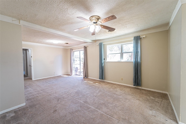 carpeted spare room with a textured ceiling, ornamental molding, and plenty of natural light