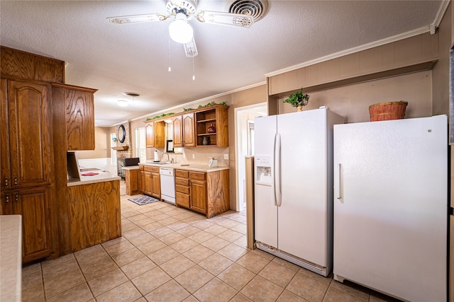 3813 Concord Dr, Abilene, TX 79603 - kitchen featuring white appliances, open shelves, ornamental molding, brown cabinets, and light countertops