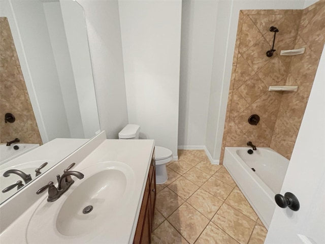 full bathroom featuring tile patterned flooring, toilet, bathtub / shower combination, vanity, and baseboards