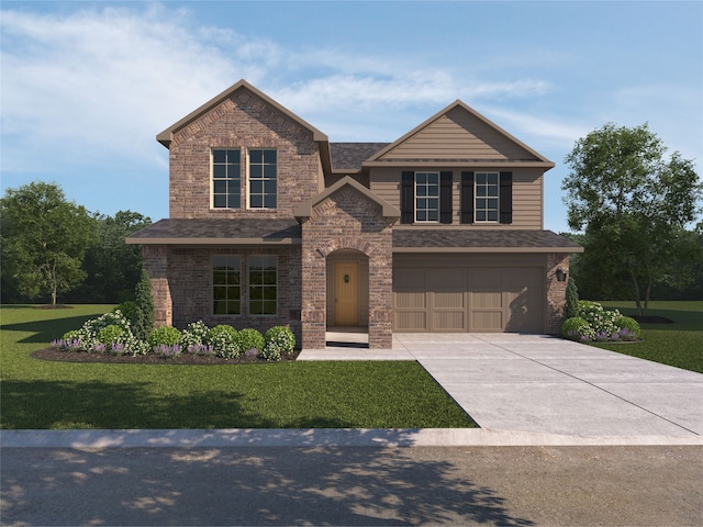 view of front of house with driveway, an attached garage, a front lawn, and brick siding