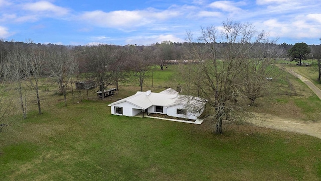 aerial view featuring a rural view and a forest view