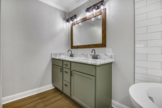 bathroom featuring double vanity, ornamental molding, a sink, and wood finished floors