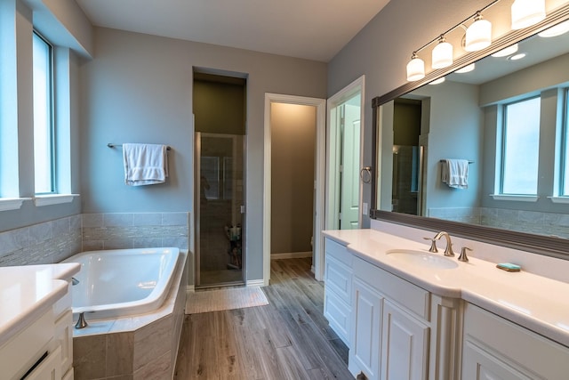 full bathroom with a wealth of natural light, a garden tub, vanity, and a shower stall