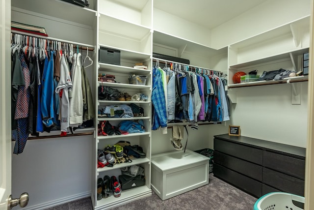 walk in closet featuring dark colored carpet