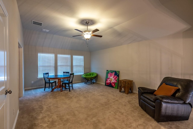 game room with carpet, visible vents, lofted ceiling, and baseboards