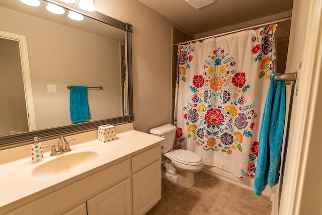 bathroom with tile patterned flooring, toilet, visible vents, vanity, and shower / bath combination with curtain